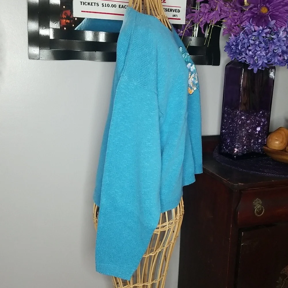 Large Aqua Blue Handpainted Fish Long Sleeve Light Knit Cotton Sweater - Picture 4 of 9